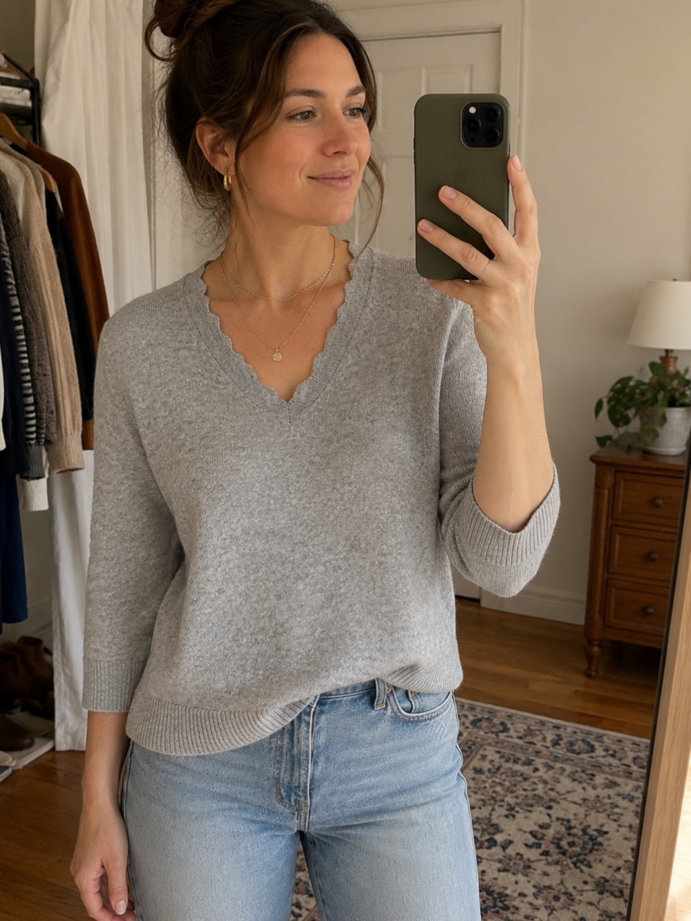 Hannah Rose Light Gray Cashmere V-Neck Sweater